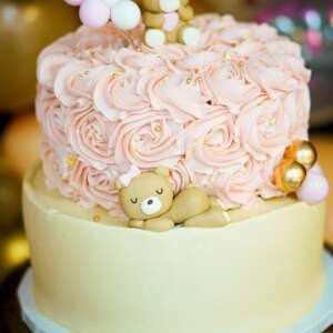 Pink Rosette Two-Tier Bear Cake